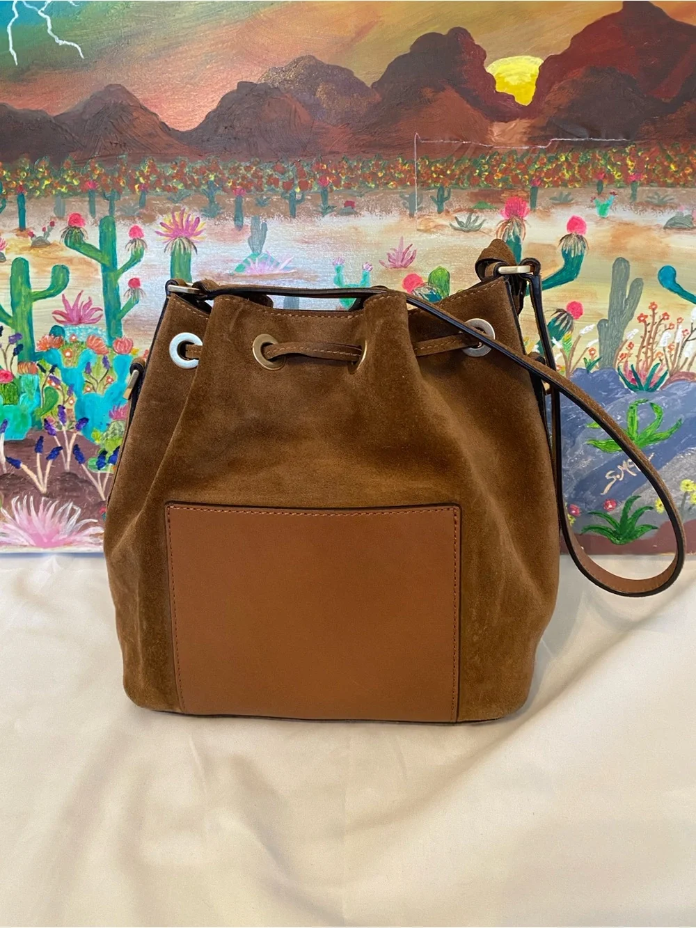 Michael Kors Brown Suede Greenwich Drawstring Hobo Bucket Bag, Med